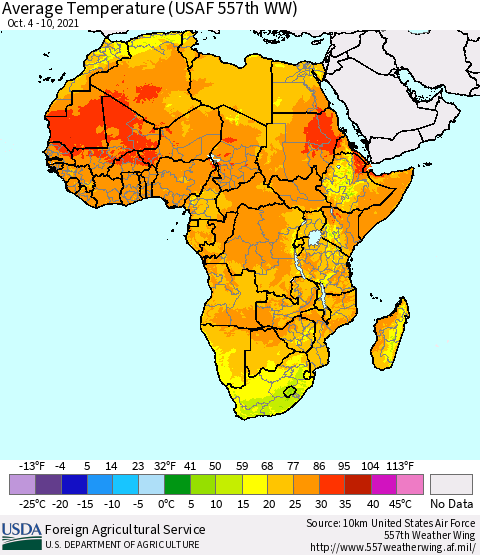 Africa Average Temperature (USAF 557th WW) Thematic Map For 10/4/2021 - 10/10/2021