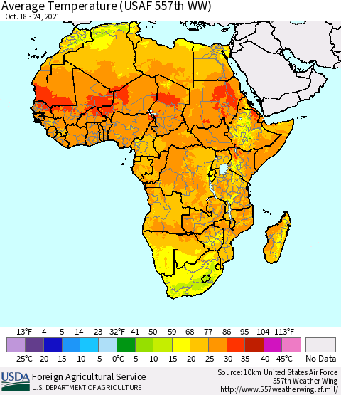 Africa Average Temperature (USAF 557th WW) Thematic Map For 10/18/2021 - 10/24/2021