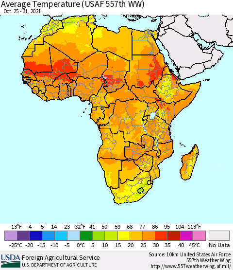 Africa Average Temperature (USAF 557th WW) Thematic Map For 10/25/2021 - 10/31/2021