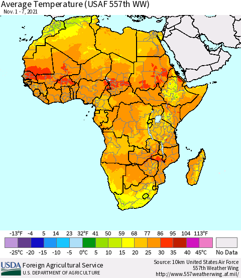 Africa Average Temperature (USAF 557th WW) Thematic Map For 11/1/2021 - 11/7/2021