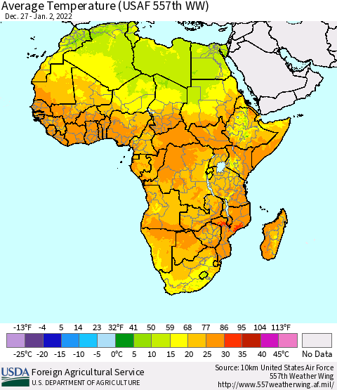 Africa Average Temperature (USAF 557th WW) Thematic Map For 12/27/2021 - 1/2/2022