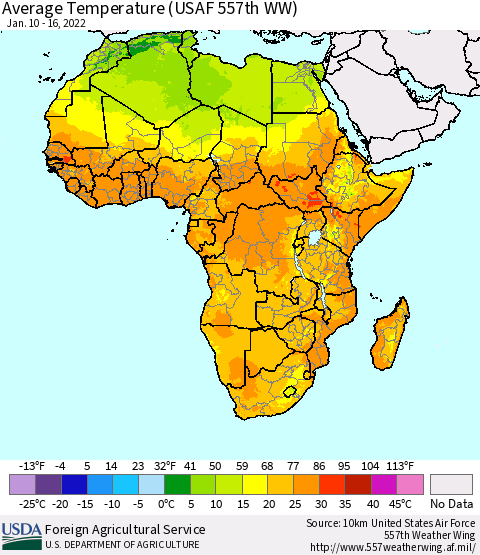 Africa Average Temperature (USAF 557th WW) Thematic Map For 1/10/2022 - 1/16/2022