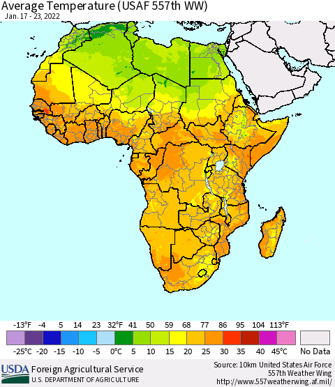 Africa Average Temperature (USAF 557th WW) Thematic Map For 1/17/2022 - 1/23/2022