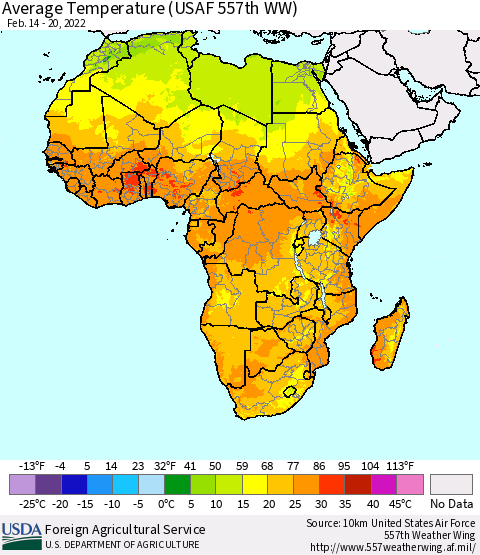 Africa Average Temperature (USAF 557th WW) Thematic Map For 2/14/2022 - 2/20/2022