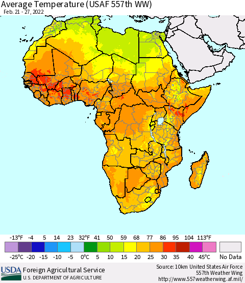 Africa Average Temperature (USAF 557th WW) Thematic Map For 2/21/2022 - 2/27/2022