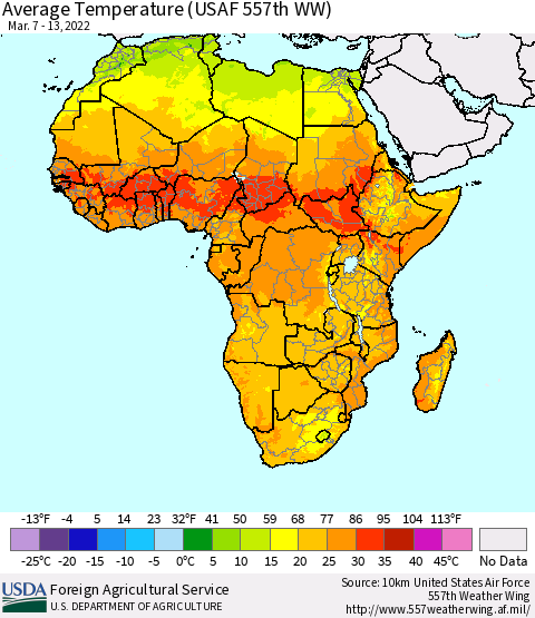 Africa Average Temperature (USAF 557th WW) Thematic Map For 3/7/2022 - 3/13/2022