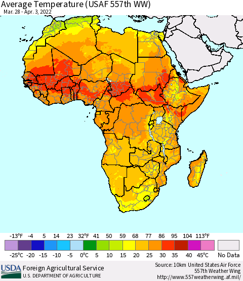 Africa Average Temperature (USAF 557th WW) Thematic Map For 3/28/2022 - 4/3/2022