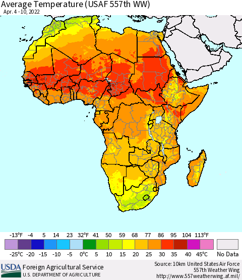 Africa Average Temperature (USAF 557th WW) Thematic Map For 4/4/2022 - 4/10/2022