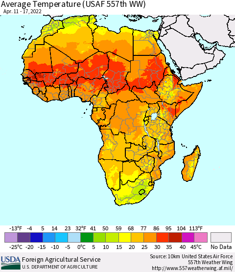 Africa Average Temperature (USAF 557th WW) Thematic Map For 4/11/2022 - 4/17/2022