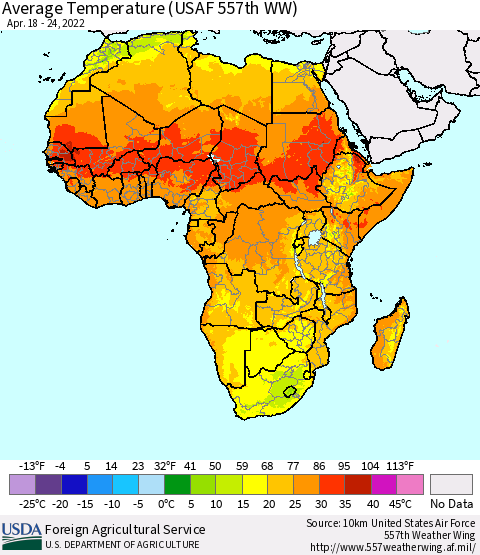 Africa Average Temperature (USAF 557th WW) Thematic Map For 4/18/2022 - 4/24/2022