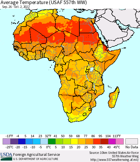 Africa Average Temperature (USAF 557th WW) Thematic Map For 9/26/2022 - 10/2/2022