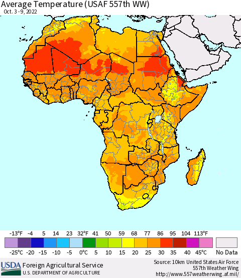 Africa Average Temperature (USAF 557th WW) Thematic Map For 10/3/2022 - 10/9/2022