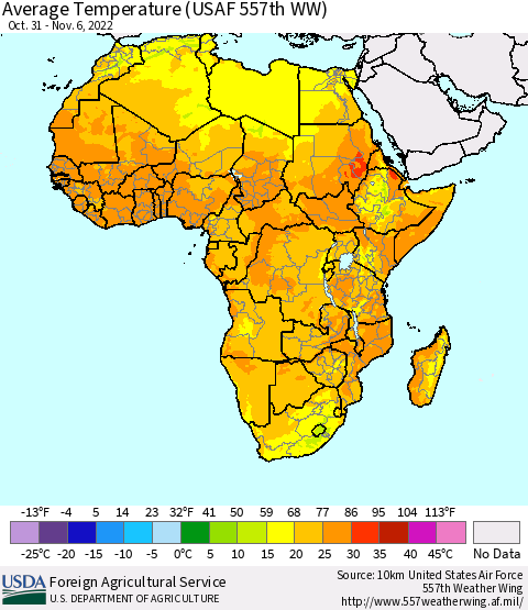 Africa Average Temperature (USAF 557th WW) Thematic Map For 10/31/2022 - 11/6/2022
