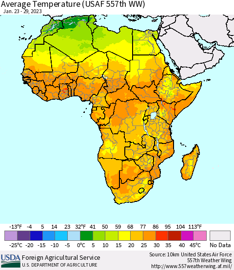 Africa Average Temperature (USAF 557th WW) Thematic Map For 1/23/2023 - 1/29/2023