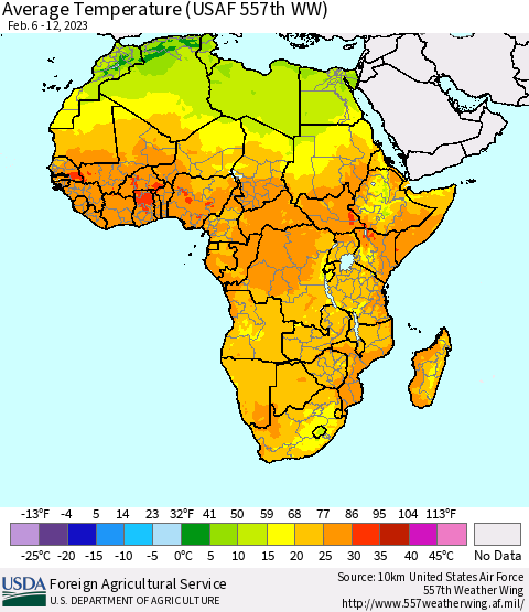Africa Average Temperature (USAF 557th WW) Thematic Map For 2/6/2023 - 2/12/2023