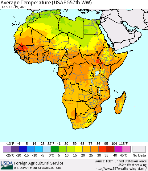 Africa Average Temperature (USAF 557th WW) Thematic Map For 2/13/2023 - 2/19/2023