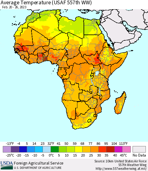Africa Average Temperature (USAF 557th WW) Thematic Map For 2/20/2023 - 2/26/2023