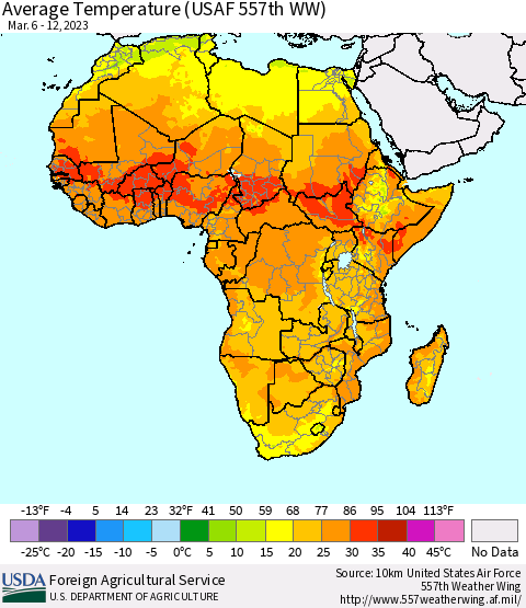 Africa Average Temperature (USAF 557th WW) Thematic Map For 3/6/2023 - 3/12/2023