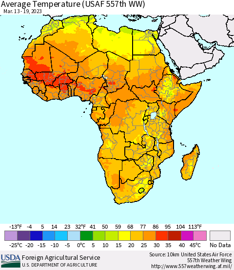 Africa Average Temperature (USAF 557th WW) Thematic Map For 3/13/2023 - 3/19/2023