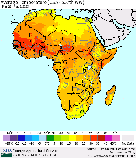 Africa Average Temperature (USAF 557th WW) Thematic Map For 3/27/2023 - 4/2/2023