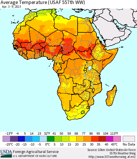 Africa Average Temperature (USAF 557th WW) Thematic Map For 4/3/2023 - 4/9/2023
