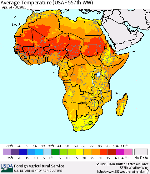 Africa Average Temperature (USAF 557th WW) Thematic Map For 4/24/2023 - 4/30/2023