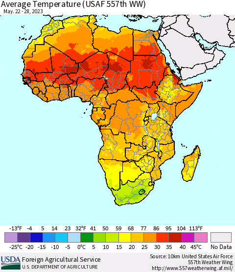 Africa Average Temperature (USAF 557th WW) Thematic Map For 5/22/2023 - 5/28/2023