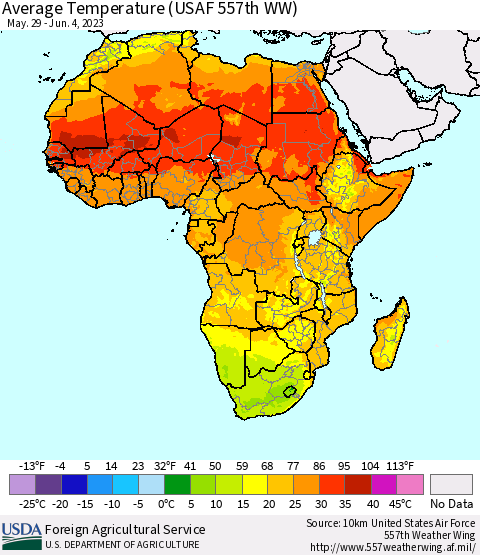 Africa Average Temperature (USAF 557th WW) Thematic Map For 5/29/2023 - 6/4/2023