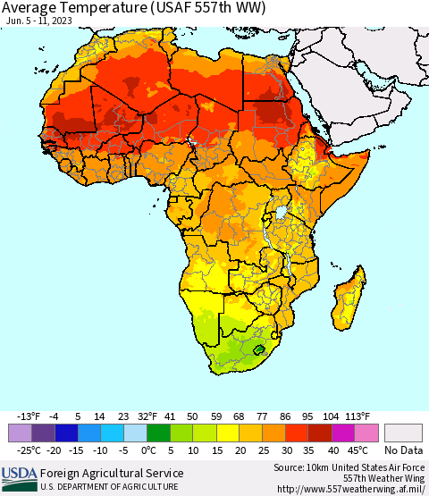 Africa Average Temperature (USAF 557th WW) Thematic Map For 6/5/2023 - 6/11/2023