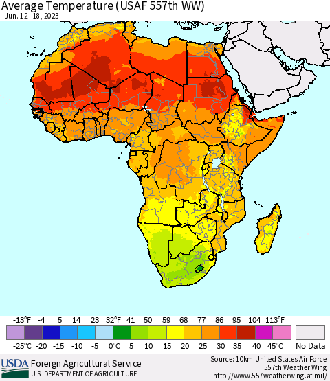Africa Average Temperature (USAF 557th WW) Thematic Map For 6/12/2023 - 6/18/2023