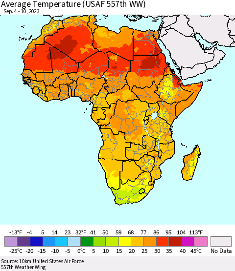 Africa Average Temperature (USAF 557th WW) Thematic Map For 9/4/2023 - 9/10/2023