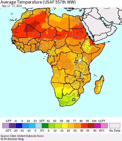 Africa Average Temperature (USAF 557th WW) Thematic Map For 9/11/2023 - 9/17/2023