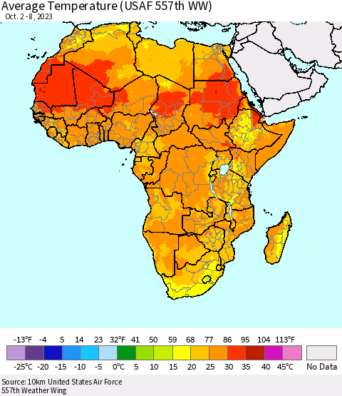 Africa Average Temperature (USAF 557th WW) Thematic Map For 10/2/2023 - 10/8/2023
