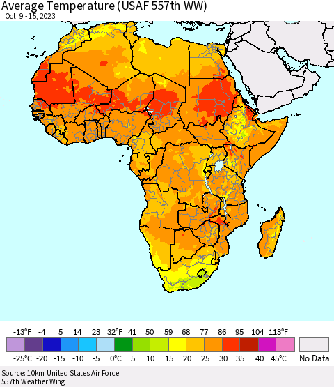 Africa Average Temperature (USAF 557th WW) Thematic Map For 10/9/2023 - 10/15/2023