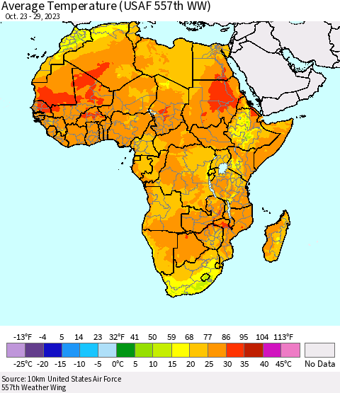 Africa Average Temperature (USAF 557th WW) Thematic Map For 10/23/2023 - 10/29/2023