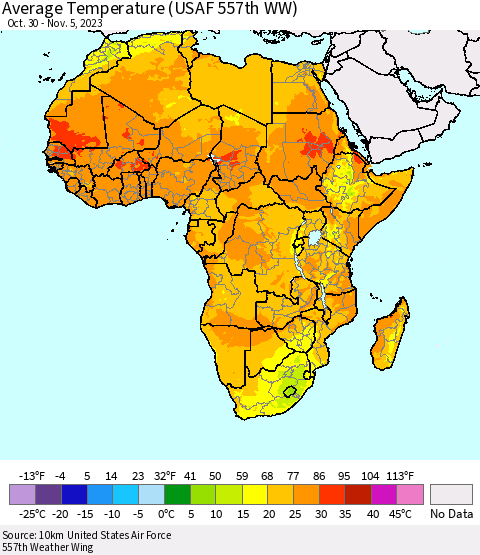 Africa Average Temperature (USAF 557th WW) Thematic Map For 10/30/2023 - 11/5/2023