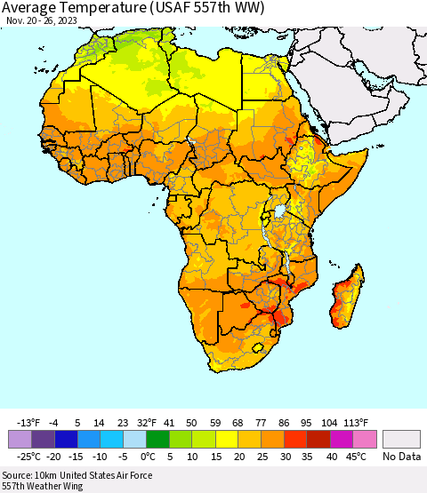 Africa Average Temperature (USAF 557th WW) Thematic Map For 11/20/2023 - 11/26/2023