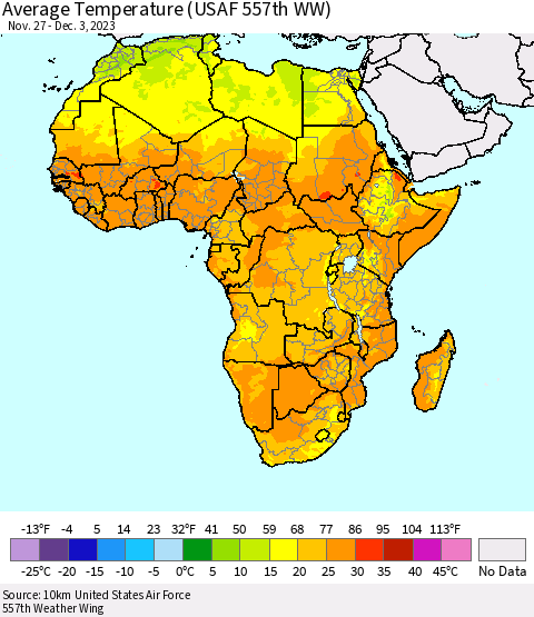 Africa Average Temperature (USAF 557th WW) Thematic Map For 11/27/2023 - 12/3/2023
