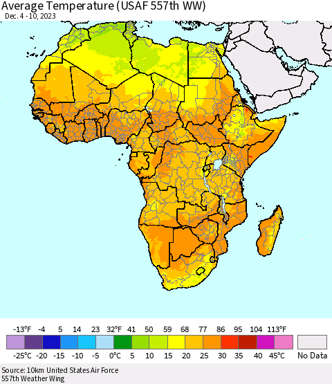 Africa Average Temperature (USAF 557th WW) Thematic Map For 12/4/2023 - 12/10/2023