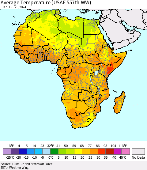 Africa Average Temperature (USAF 557th WW) Thematic Map For 1/15/2024 - 1/21/2024
