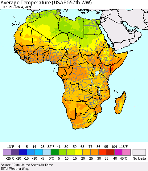 Africa Average Temperature (USAF 557th WW) Thematic Map For 1/29/2024 - 2/4/2024