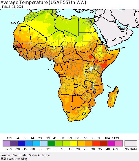 Africa Average Temperature (USAF 557th WW) Thematic Map For 2/5/2024 - 2/11/2024