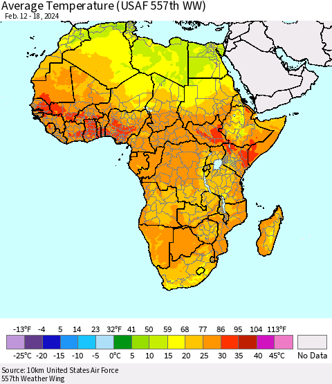 Africa Average Temperature (USAF 557th WW) Thematic Map For 2/12/2024 - 2/18/2024