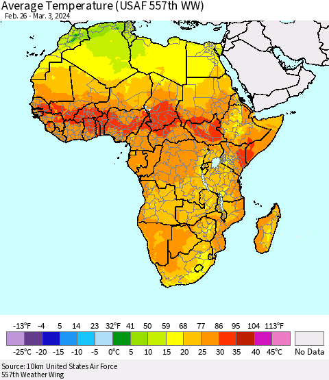 Africa Average Temperature (USAF 557th WW) Thematic Map For 2/26/2024 - 3/3/2024