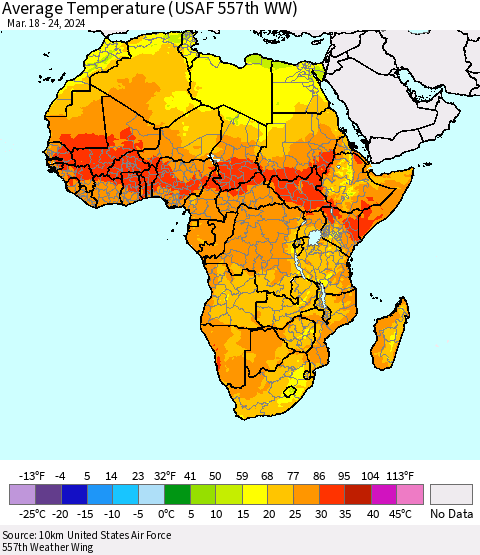Africa Average Temperature (USAF 557th WW) Thematic Map For 3/18/2024 - 3/24/2024