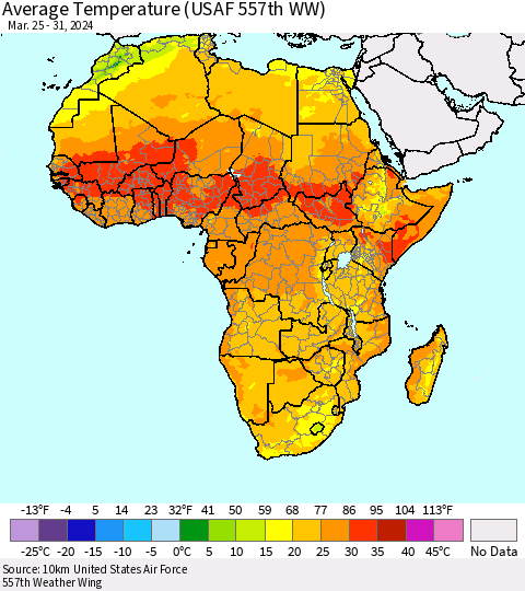 Africa Average Temperature (USAF 557th WW) Thematic Map For 3/25/2024 - 3/31/2024