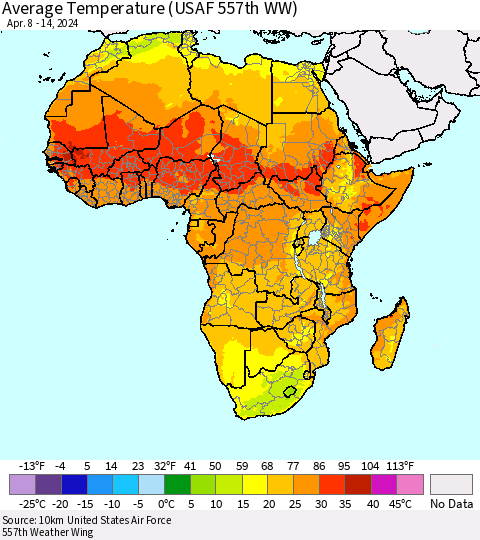 Africa Average Temperature (USAF 557th WW) Thematic Map For 4/8/2024 - 4/14/2024