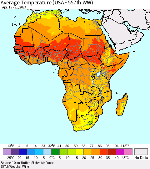 Africa Average Temperature (USAF 557th WW) Thematic Map For 4/15/2024 - 4/21/2024
