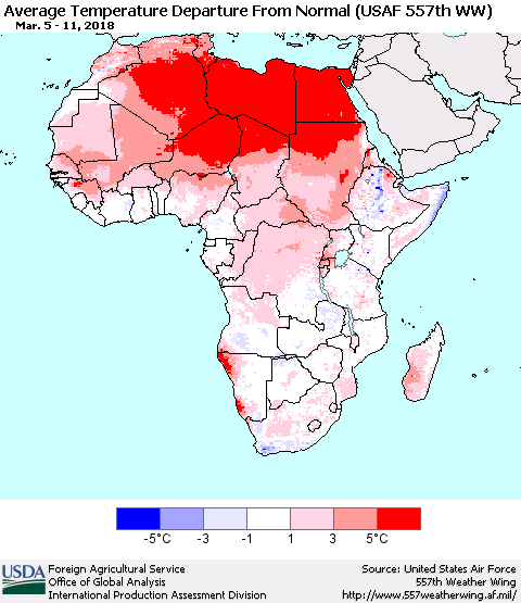 Africa Average Temperature Departure from Normal (USAF 557th WW) Thematic Map For 3/5/2018 - 3/11/2018