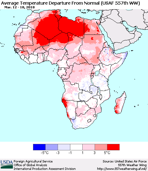 Africa Average Temperature Departure from Normal (USAF 557th WW) Thematic Map For 3/12/2018 - 3/18/2018